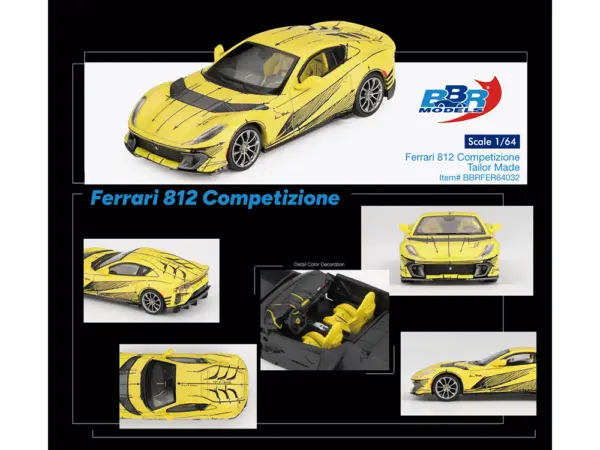 Ferrari 812 Competizione Matt Yellow with Graphics and Yellow Interior "Tailor Made" 1/64 Diecast Model Car by BBR #4