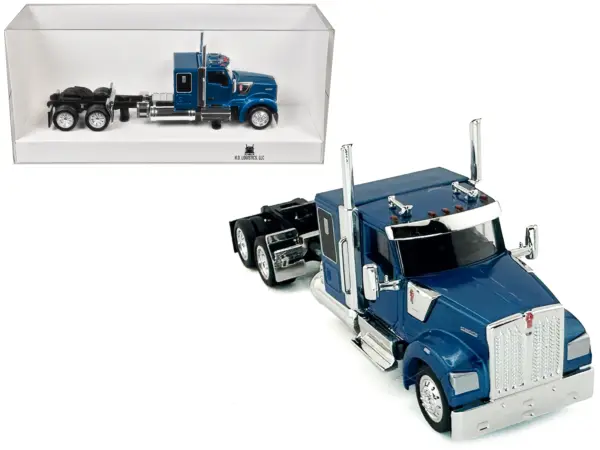 Kenworth W990 with Flat Top Sleeper Cab Blue Metallic 1/87 (HO) Plastic Model Car by HO Logistics #1