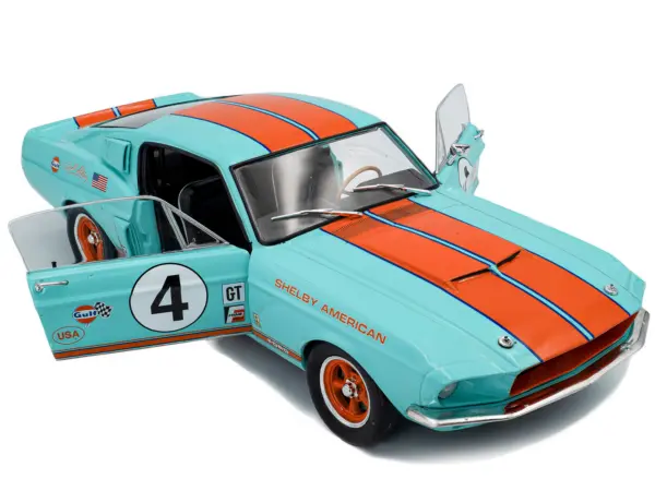 1967 Shelby GT500 #4 "Gulf Racing Tribute" Light Blue with Orange Stripes 1/18 Diecast Model Car by Solido #2
