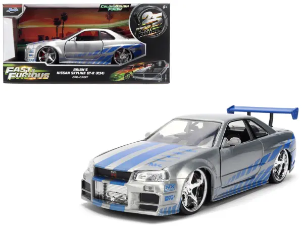 Brian's Nissan Skyline GT-R (R34) RHD (Right Hand Drive) Brush Finish  "2 Fast 2 Furious" (2003) Movie 25 Years of Fast & Furious Anniversary 1/24 by Jada #1