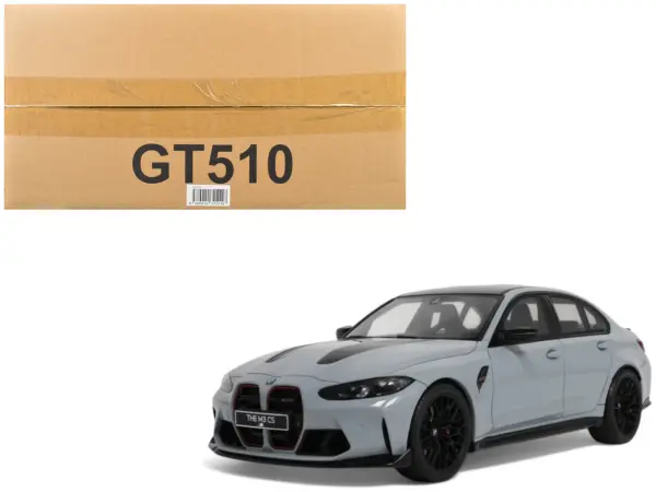 2024 BMW M3 CS M Brooklyn Gray Metallic with Black Top and Hood Stripes 1/18 Model Car by GT Spirit #1