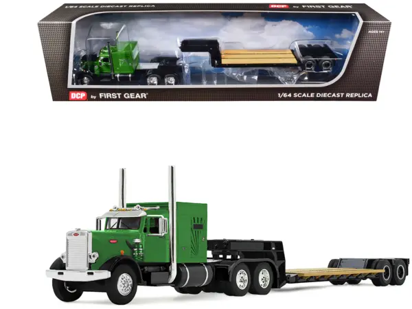 Peterbilt 351 with 60" Vintage Sleeper and Rogers Vintage Lowboy Trailer Green with Black Trailer 1/64 Diecast Model by DCP/First Gear #1