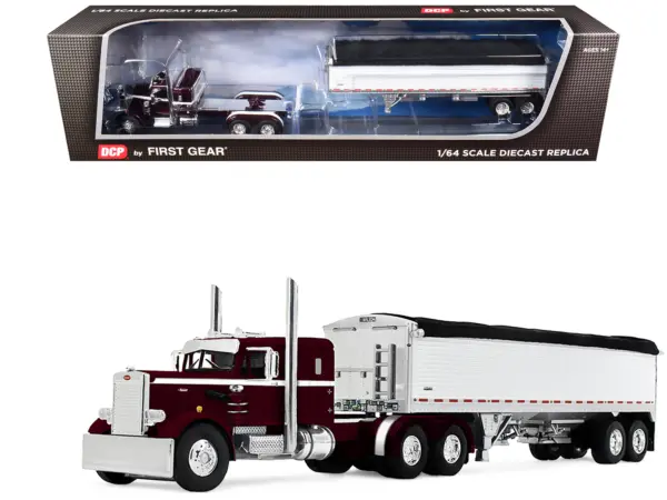 Peterbilt 351 with 36" Sleeper and 34' Wilson Pacesetter Grain Trailer Dark Cherry with White Stripes 1/64 Diecast Model by DCP/First Gear #1