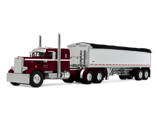 Peterbilt 351 with 36" Sleeper and 34' Wilson Pacesetter Grain Trailer Dark Cherry with White Stripes 1/64 Diecast Model by DCP/First Gear #2