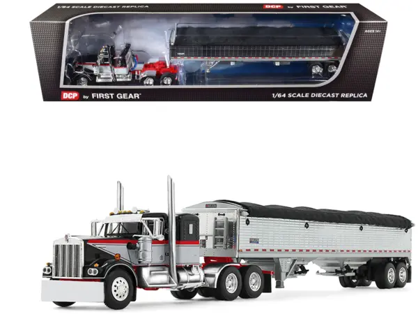 Kenworth W900A with 36" Sleeper and 43' Wilson Pacesetter Grain Trailer Black and Gray with Viper Red Stripes 1/64 Diecast Model by DCP/First Gear #1