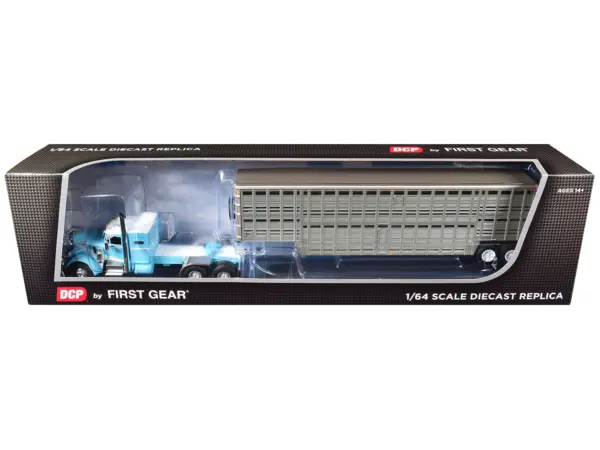 Peterbilt 351 with 36" Vintage Sleeper and 45' Wilson Vintage Livestock Trailer Light Blue with White Stripes 1/64 Diecast Model by DCP/First Gear #3