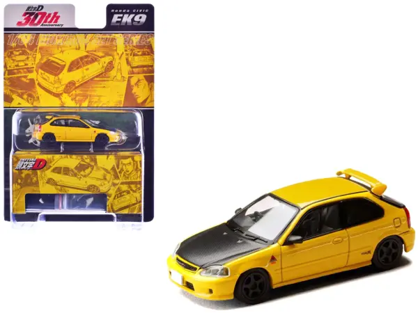 Honda Civic (EK9) RHD (Right Hand Drive) Yellow with Carbon Hood "Initial D" (1995-2013) Manga "Diorama Set Series" 1/64 Diecast Model car by Hobby Japan #1
