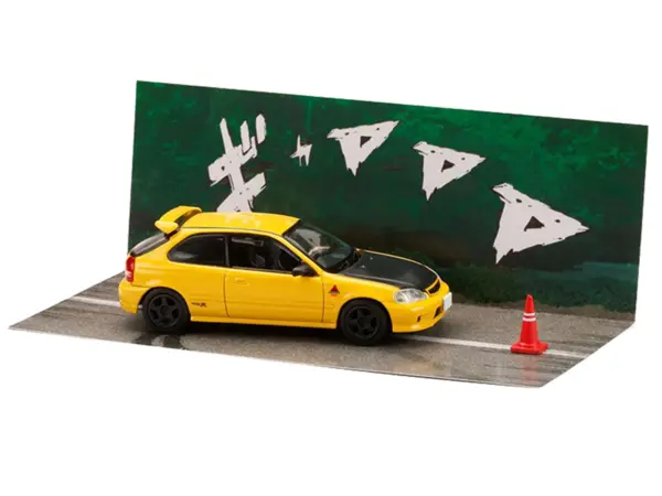 Honda Civic (EK9) RHD (Right Hand Drive) Yellow with Carbon Hood "Initial D" (1995-2013) Manga "Diorama Set Series" 1/64 Diecast Model car by Hobby Japan #5