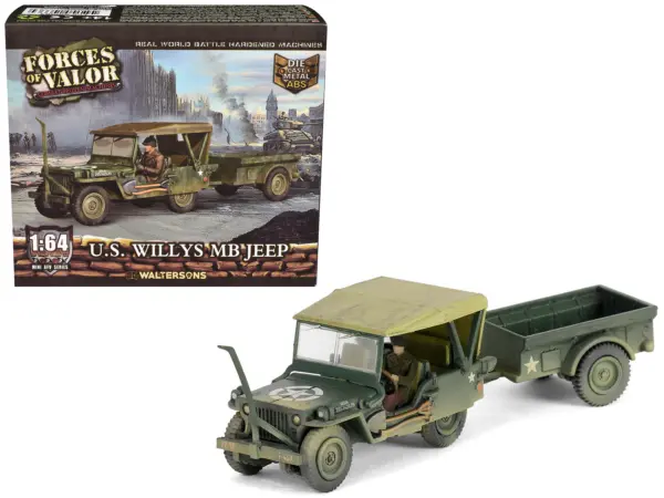 Willys MB Jeep with Trailer Olive Drab (Weathered) with Driver Figure "United States Army" "Mini AFV" Series 1/64 Diecast Model by Forces of Valor #1
