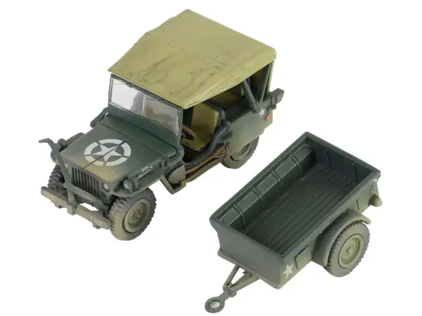 Willys MB Jeep with Trailer Olive Drab (Weathered) with Driver Figure "United States Army" "Mini AFV" Series 1/64 Diecast Model by Forces of Valor #3