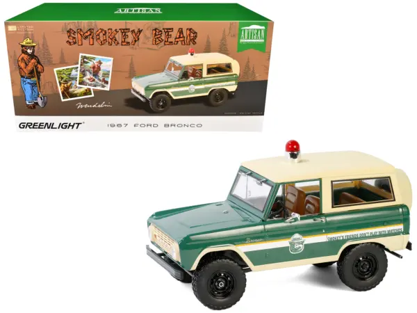 1967 Ford Bronco "Smokey Bear Forest Ranger" Green and Cream with White Stripes "Artisan Collection" 1/18 Diecast Model Car by Greenlight #1