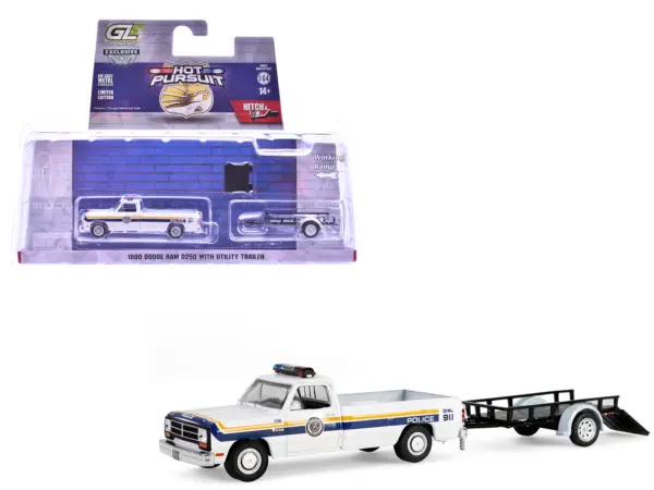 1990 Dodge Ram D250 Pickup Truck "Philadelphia PA Police Department" White with Stripes and Utility Trailer "Hot Pursuit Hitch & Tow" Series 1 1/64 Diecast Model Cars by Greenlight #1