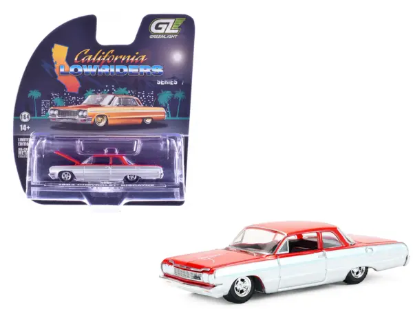 1964 Chevrolet Biscayne Lowrider Silver Metallic and Red Two-Tone "California Lowriders" Series 7 1/64 Diecast Model Car by Greenlight #1