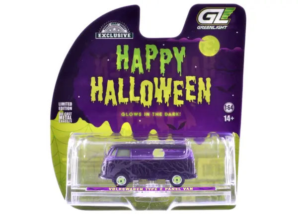 Volkswagen Type 2 Panel Van "Halloween 2025 - Spooky Night" Black and Purple with "Glow in the Dark" Paint "Hobby Exclusive" Series 1/64 Diecast Model Car by Greenlight #1