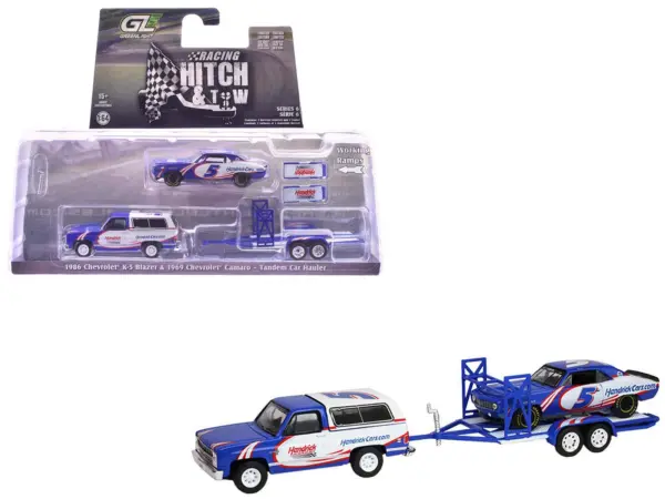 1986 Chevrolet K5 Blazer Blue and White and 1969 Chevrolet Camaro #5 Blue and White "Kyle Larson - Hendrick Motorsports" with Tandem Car Trailer "Racing Hitch & Tow" Series 6 1/64 Diecast Model Cars by Greenlight #1