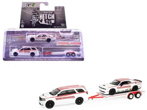 2018 Dodge Durango White with Red Stripes and 2021 Dodge Challenger SRT White with Red Stripes "Ramchargers" with Flatbed Trailer "Racing Hitch & Tow" Series 6 1/64 Diecast Model Cars by Greenlight #1
