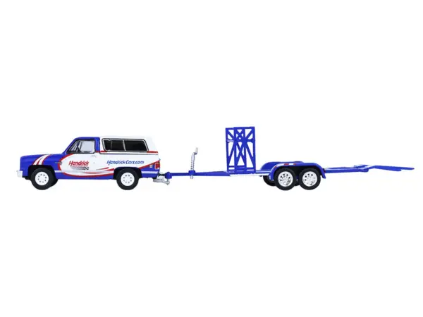 1986 Chevrolet K5 Blazer Blue and White and 1969 Chevrolet Camaro #5 Blue and White "Kyle Larson - Hendrick Motorsports" with Tandem Car Trailer "Racing Hitch & Tow" Series 6 1/64 Diecast Model Cars by Greenlight #2