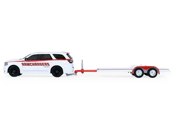 2018 Dodge Durango White with Red Stripes and 2021 Dodge Challenger SRT White with Red Stripes "Ramchargers" with Flatbed Trailer "Racing Hitch & Tow" Series 6 1/64 Diecast Model Cars by Greenlight #2