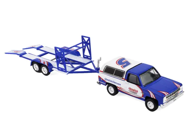 1986 Chevrolet K5 Blazer Blue and White and 1969 Chevrolet Camaro #5 Blue and White "Kyle Larson - Hendrick Motorsports" with Tandem Car Trailer "Racing Hitch & Tow" Series 6 1/64 Diecast Model Cars by Greenlight #3