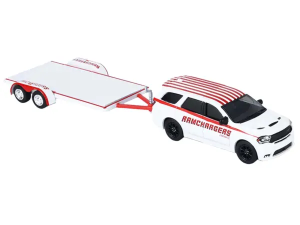 2018 Dodge Durango White with Red Stripes and 2021 Dodge Challenger SRT White with Red Stripes "Ramchargers" with Flatbed Trailer "Racing Hitch & Tow" Series 6 1/64 Diecast Model Cars by Greenlight #3