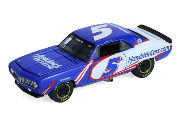 1986 Chevrolet K5 Blazer Blue and White and 1969 Chevrolet Camaro #5 Blue and White "Kyle Larson - Hendrick Motorsports" with Tandem Car Trailer "Racing Hitch & Tow" Series 6 1/64 Diecast Model Cars by Greenlight #4