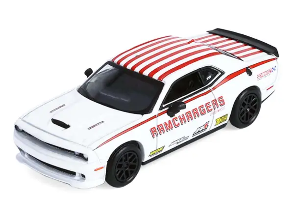 2018 Dodge Durango White with Red Stripes and 2021 Dodge Challenger SRT White with Red Stripes "Ramchargers" with Flatbed Trailer "Racing Hitch & Tow" Series 6 1/64 Diecast Model Cars by Greenlight #4