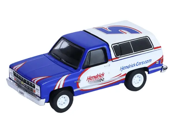 1986 Chevrolet K5 Blazer Blue and White and 1969 Chevrolet Camaro #5 Blue and White "Kyle Larson - Hendrick Motorsports" with Tandem Car Trailer "Racing Hitch & Tow" Series 6 1/64 Diecast Model Cars by Greenlight #5