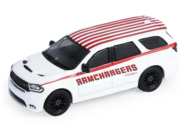 2018 Dodge Durango White with Red Stripes and 2021 Dodge Challenger SRT White with Red Stripes "Ramchargers" with Flatbed Trailer "Racing Hitch & Tow" Series 6 1/64 Diecast Model Cars by Greenlight #5