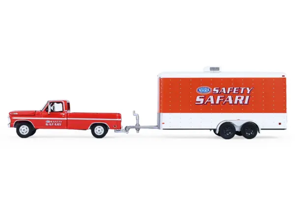 1969 Ford F-250 Pickup Truck Red and 1969 Chevrolet Camaro Z28 "Dan Fletcher" Orange with White Hood "NHRA Safety Team" with Enclosed Car Trailer "Racing Hitch & Tow" Series 6 1/64 Diecast Model Cars by Greenlight #2