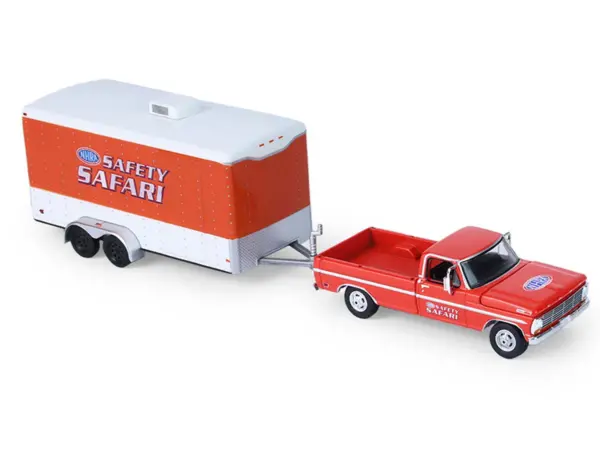 1969 Ford F-250 Pickup Truck Red and 1969 Chevrolet Camaro Z28 "Dan Fletcher" Orange with White Hood "NHRA Safety Team" with Enclosed Car Trailer "Racing Hitch & Tow" Series 6 1/64 Diecast Model Cars by Greenlight #3