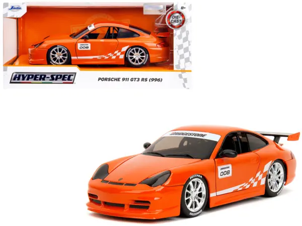 Porsche 911 GT3 RS (996) #008 "Bridgestone" Orange Metallic with White Graphics "Hyper-Spec" Series 1/24 Diecast Model Car by Jada #1