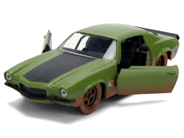 Dom's 1973 Chevrolet Camaro "F-Bomb" Matt Green (Dirty Version) with Black Hood Stripe "Fast & Furious" (2009) Movie "Fast & Furious 25 Years" Series 1/32 Diecast Model Car by Jada #2