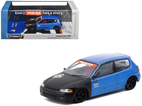 Honda Civic EG6 RHD (Right Hand Drive) #10 "Tarmac Works 10th Anniversary" Blue Metallic and Matt Black "Hobby64" Series 1/64 Diecast Model Car by Tarmac Works #1