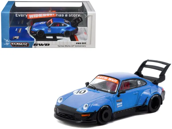 RWB 993 RHD (Right Hand Drive) #10 "Tarmac Works 10th Anniversary" Blue Metallic "Hobby64" Series 1/64 Diecast Model Car by Tarmac Works #1
