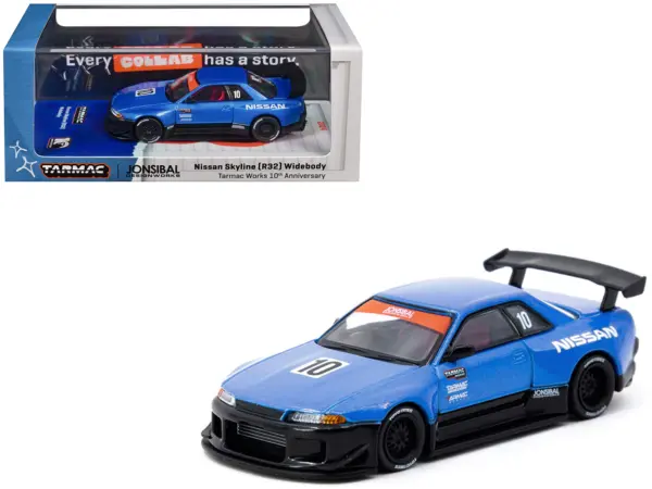 Nissan Skyline (R32) Widebody RHD (Right Hand Drive) #10 "Tarmac Works 10th Anniversary" Blue Metallic "Global64" 1/64 Diecast Model Car by Tarmac Works #1