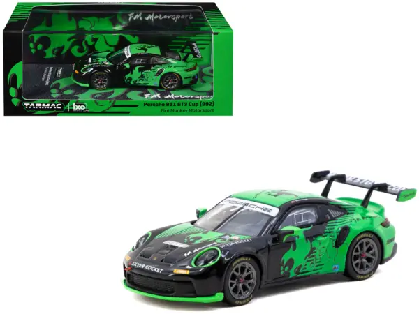 Porsche 911 GT3 Cup (992) "Fire Monkey Motorsport" Black and Green with Graphics "Hobby64" Series 1/64 Diecast Model Car by Tarmac Works #1