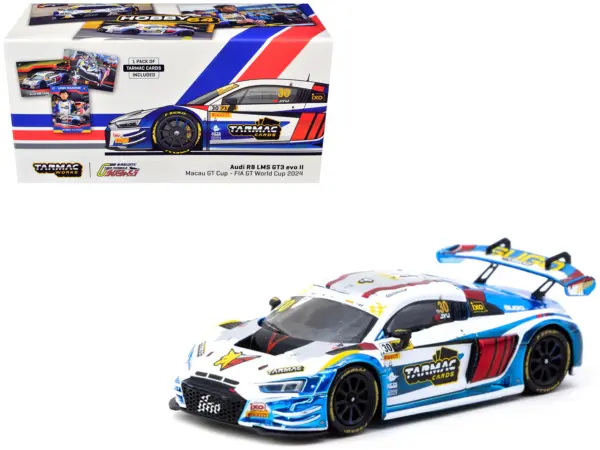 Audi R8 LMS GT3 evo II #30 James Yu "Uno Racing Team" "Macau GT Cup - FIA GT World Cup" (2024) with Plastic Transporter Packaging and Collectible Tarmac Cards "Hobby64" Series 1/64 Diecast Model Car by Tarmac Works #1