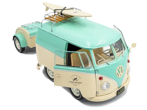 2024 Volkswagen Cool Combi Van with Trailer "Long Beach Surfing Club" Mint Green and Cream with Roof Rack and Surfboard 1/18 Diecast Model Car by Solido #2