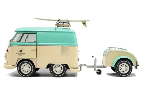 2024 Volkswagen Cool Combi Van with Trailer "Long Beach Surfing Club" Mint Green and Cream with Roof Rack and Surfboard 1/18 Diecast Model Car by Solido #3