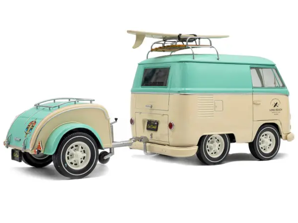 2024 Volkswagen Cool Combi Van with Trailer "Long Beach Surfing Club" Mint Green and Cream with Roof Rack and Surfboard 1/18 Diecast Model Car by Solido #4
