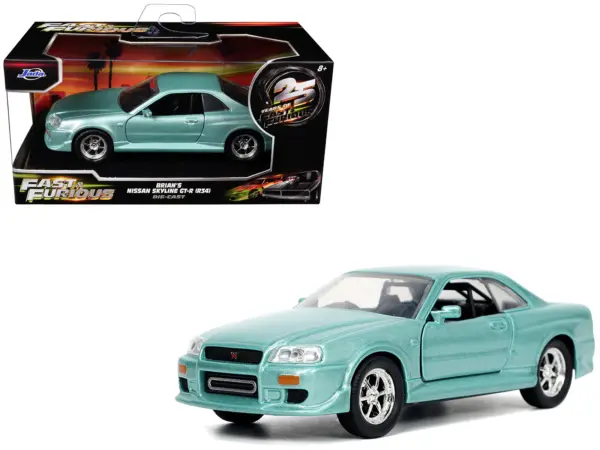 Brian's Nissan Skyline GT-R (BNR34) RHD (Right Hand Drive) Turquoise Metallic "Fast & Furious" Movie 1/32 Diecast Model Car by Jada #1