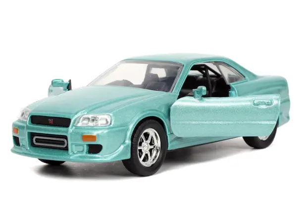 Brian's Nissan Skyline GT-R (BNR34) RHD (Right Hand Drive) Turquoise Metallic "Fast & Furious" Movie 1/32 Diecast Model Car by Jada #2