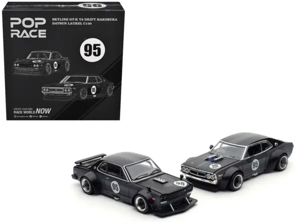 Skyline GT-R V8 Drift "Hakosuka" RHD (Right Hand Drive) #95 Black and Datsun Laurel C130 RHD (Right Hand Drive) Black 2 Car Box Set "Hong Kong Toycar Salon 2025" 1/64 Diecast Model Car by Pop Race #1