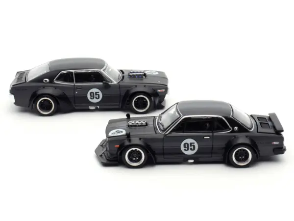 Skyline GT-R V8 Drift "Hakosuka" RHD (Right Hand Drive) #95 Black and Datsun Laurel C130 RHD (Right Hand Drive) Black 2 Car Box Set "Hong Kong Toycar Salon 2025" 1/64 Diecast Model Car by Pop Race #5