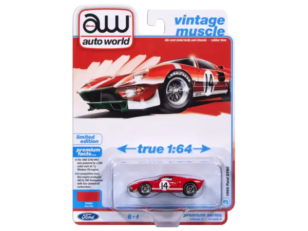 1965 Ford GT40 #14 Red with White Stripes "Vintage Muscle" Series 1/64 Diecast Model Car by Auto World #3