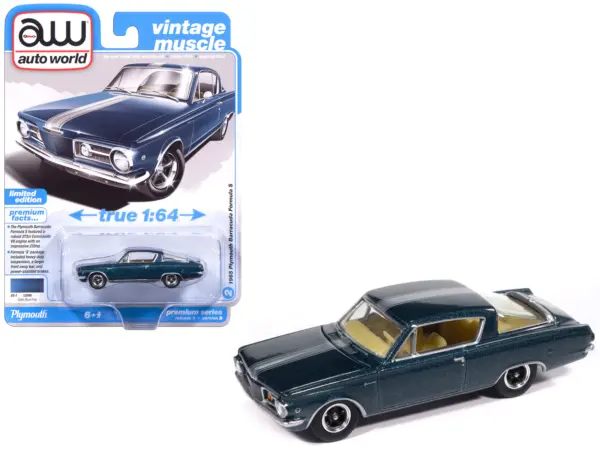 1965 Plymouth Barracuda Formula S Dark Blue Metallic with Silver Stripe "Vintage Muscle" Series 1/64 Diecast Model Car by Auto World #1
