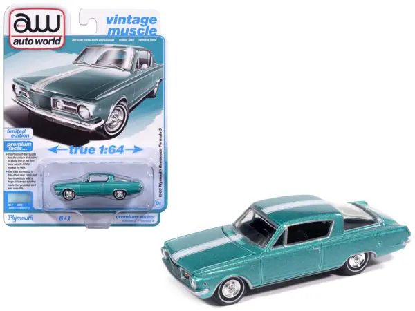 1965 Plymouth Barracuda Formula S Turquoise Metallic with White Stripe "Vintage Muscle" Series 1/64 Diecast Model Car by Auto World #1