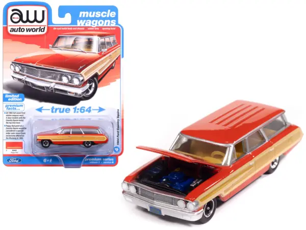 1964 Ford Country Squire Poppy Red with Woodgrain Sides "Muscle Wagons" Series 1/64 Diecast Model Car by Auto World #1