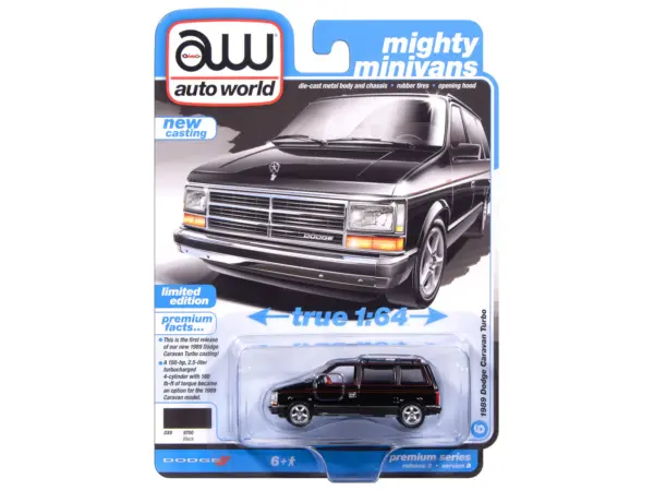 1989 Dodge Caravan Turbo Van Black with Red Stripes and Interior "Mighty Minivans" Series 1/64 Diecast Model Car by Auto World #3