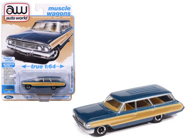 1964 Ford Country Squire Guardsman Blue Metallic with Woodgrain Sides "Muscle Wagons" Series 1/64 Diecast Model Car by Auto World #1